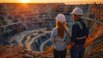 Two mining engineers in hard hats looking at open pit mine photo