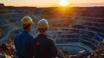 Two engineers in hard hats looking at open pit mine photo
