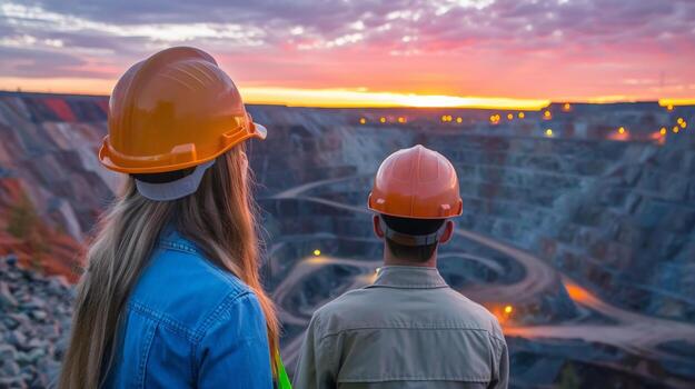 Two mining engineers in hard hats looking out over an open-pit mine. photo