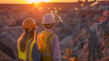 Two mining engineers in hard hats and safety vests looking at an open-pit mine photo