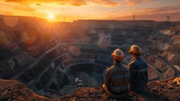 The two miners are sitting on the edge of a large open-pit mine photo