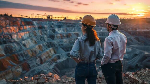 Two mining engineers in hard hats looking at the open pit mine photo