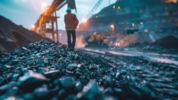 The image shows a worker standing on a pile of coal at a coal mine. photo