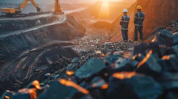Two mining engineers in hard hats and safety vests are standing on a rocky hilltop at a surface mine photo