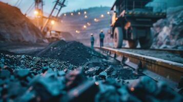 The image shows a coal mine with workers and machinery. photo