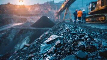 The image shows a group of miners working in a coal mine photo