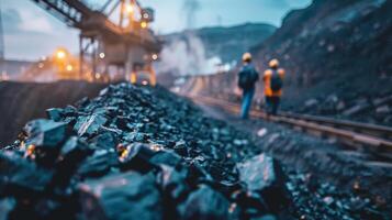 Two miners walking away from the camera in a coal mine. photo