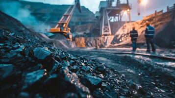 The image shows a coal mine with a large pile of coal in the foreground and a large machine in the background photo