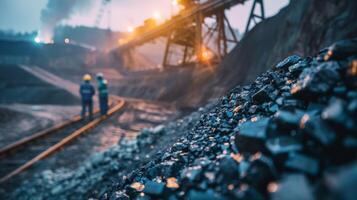Two miners in hardhats and coveralls inspect a coal mine. photo