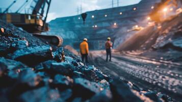 Two miners walking in a dark coal mine. photo