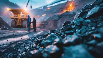 Two miners in hard hats talking in a coal mine. photo