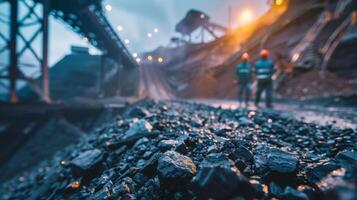 Two miners walking away from the camera in a dark coal mine. photo