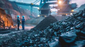 Two miners in hardhats talking in a coal mine. photo