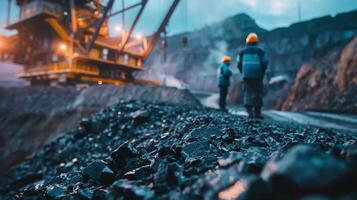 Two miners in hard hats walking away from a giant mining truck. photo