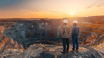 Two engineers in hard hats standing on edge of open pit mine at sunset photo