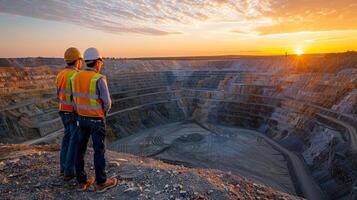 Two mining engineers in hard hats and safety vests looking out over an open-pit mine. photo