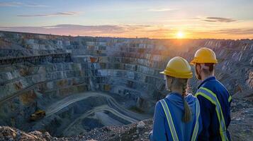 Two mining engineers in hard hats looking at open pit mine photo