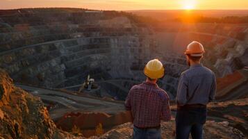 Two engineers in hard hats looking at a large open-pit mine photo