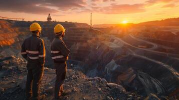 Two mining engineers in hard hats at an open pit mine at sunset photo