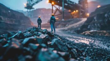 Two miners walking away from the camera in a dark coal mine. photo