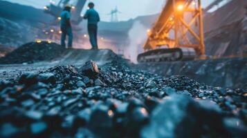 Two miners in hard hats and coveralls inspect a coal mine. photo