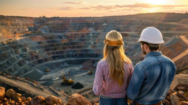 Two mining engineers in hard hats looking at an open-pit mine. photo