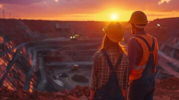 Two mining engineers in hard hats looking at sunset over open pit mine photo
