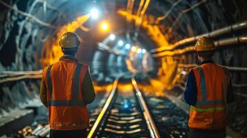 Two construction workers are inspecting a tunnel. photo