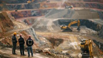 Two mining engineers in hard hats and safety vests are inspecting an open-pit mine. photo