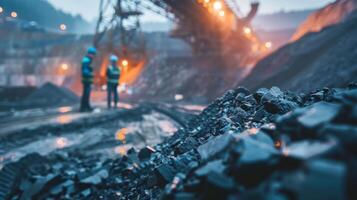 Two miners in hard hats and protective workwear inspecting a coal mine. photo