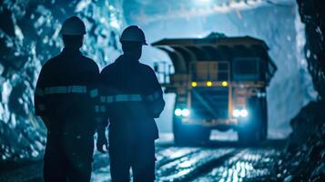 Two miners in a mine with a mining truck photo