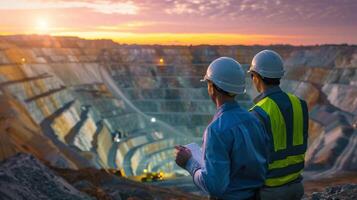Two mining engineers in hard hats and safety vests looking at the open pit mine photo