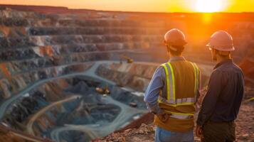 Two mining engineers in hard hats looking at a large open pit mine photo