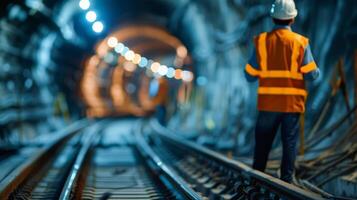 worker wearing orange vest and hard hat walking in dark tunnel photo