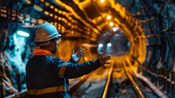 The image shows a worker in a hard hat and protective clothing standing in a dark tunnel photo