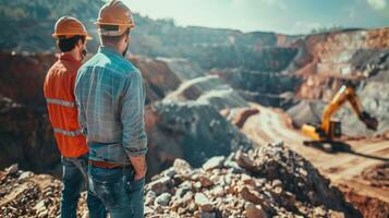 Two engineers in hard hats at a mining site photo