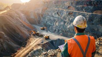 The image shows a mining engineer in a hard hat and safety vest looking at a large open-pit mine. photo