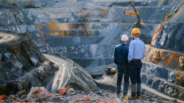 Two engineers in hard hats at the open pit mine photo