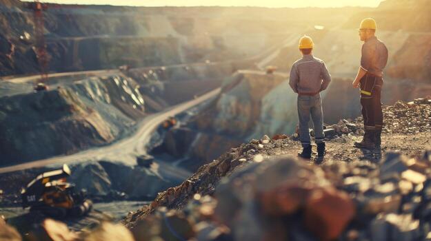 Two engineers in hard hats at the open pit mine photo