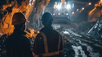 Two miners in hard hats and coveralls inspect a mine. photo