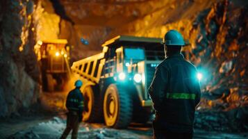 The underground mine. The large yellow truck is carrying the ore. The miner is walking in front of the truck. photo