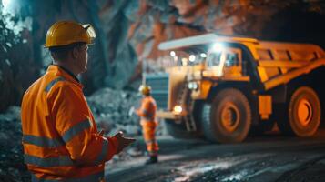 The image shows aDe Ren Wu with a hard hat and coveralls standing in a mine. In the background, a large dump truck is driving by. photo