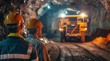 Two miners in hard hats looking at a large mining truck in an underground mine. photo