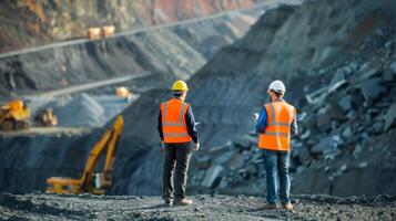 Two mining engineers in hard hats and safety vests are inspecting an open-pit mine. photo
