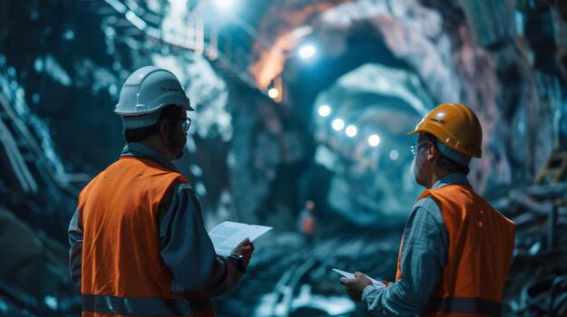 Two engineers in hard hats and safety vests inspect a tunnel under construction. photo