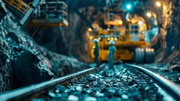 The image shows a mine with a railroad track in the foreground and miners working in the background. photo