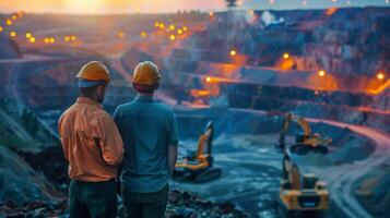 Two engineers in hardhats looking at a large open pit mine. photo