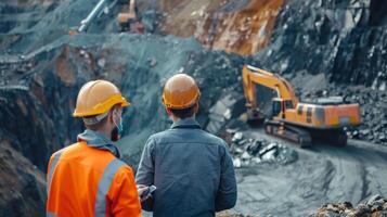Two engineers in hard hats at a mining site photo