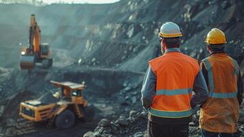 Two mining engineers in hard hats and safety vests are inspecting an open-pit mine. photo