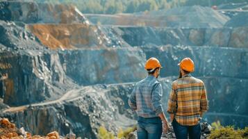 Two engineers in hard hats at the open pit mine photo